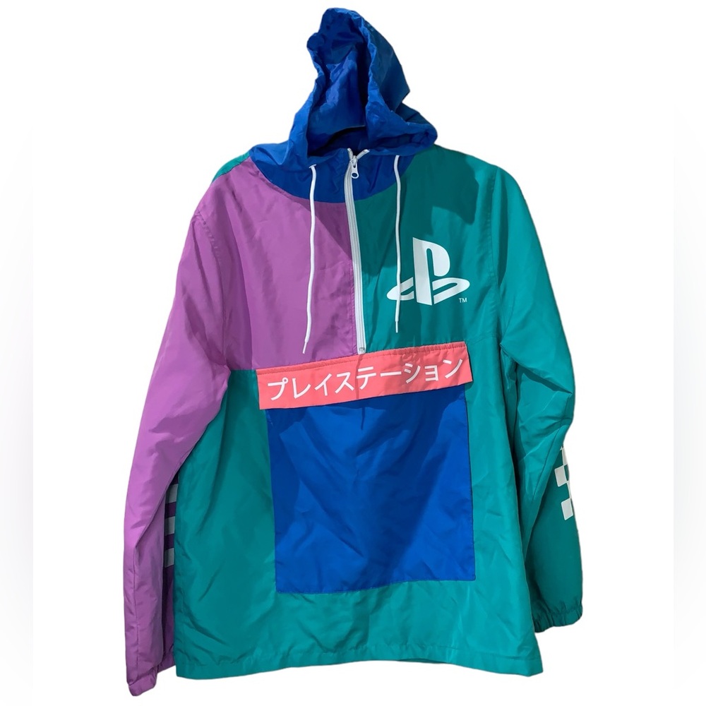 Playstation Bioworld Pastel Colorblock Checkered Sleeve Hooded Windbreaker